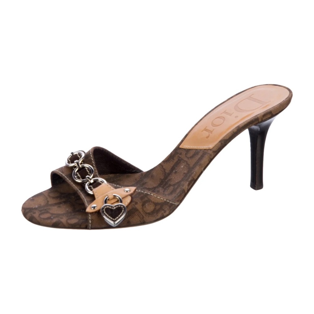 Dior Brown Logo-Print Kitten Heels with Chain Detail